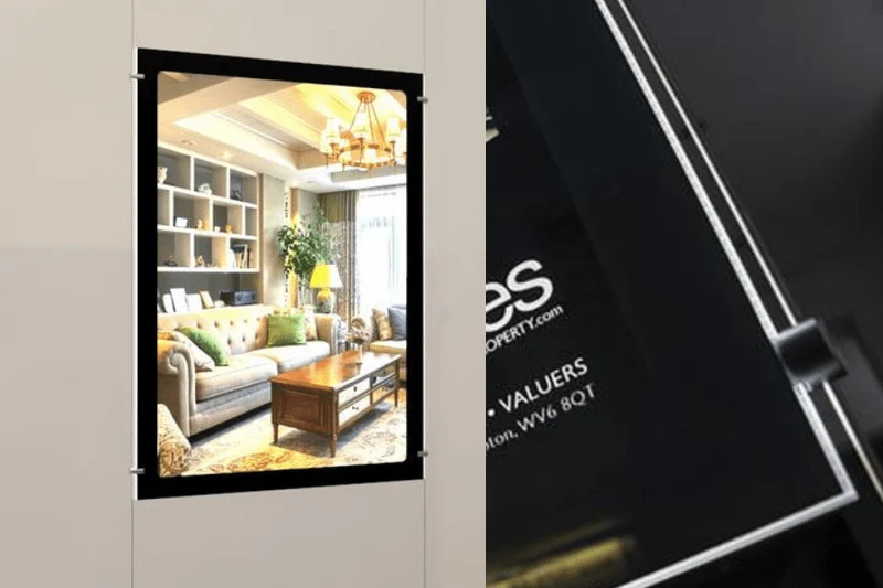 Seilsystem LED Acryl- Posterhalter Hochformat mit frontaler Befestigung DIN A1