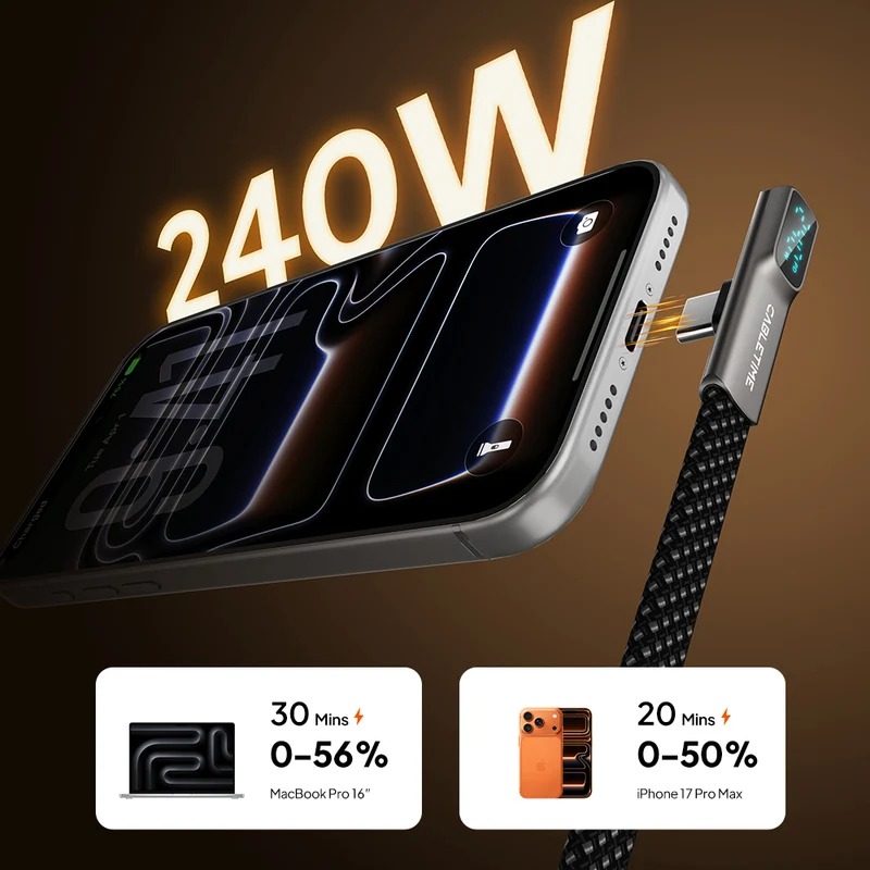 90° Right Angle 240W USB-C Cable with Digital Display, 1.2m
