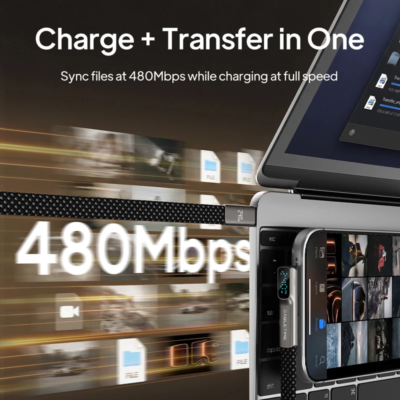90° Right Angle 240W USB-C Cable with Digital Display, 1.2m