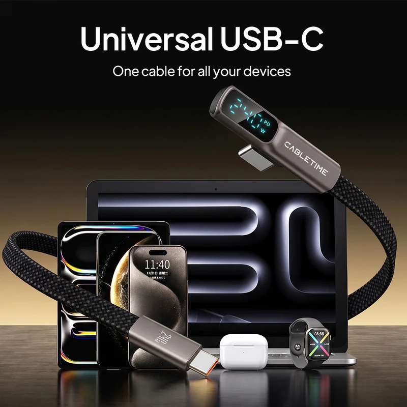 90° Right Angle 240W USB-C Cable with Digital Display, 1.2m