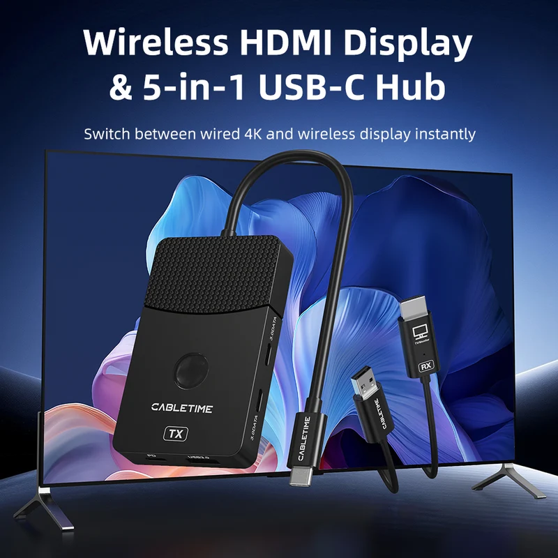 Wireless HDMI Transmitter Receiver & USB-C Hub with 4K60Hz HDMI Output and 100W PD Charging