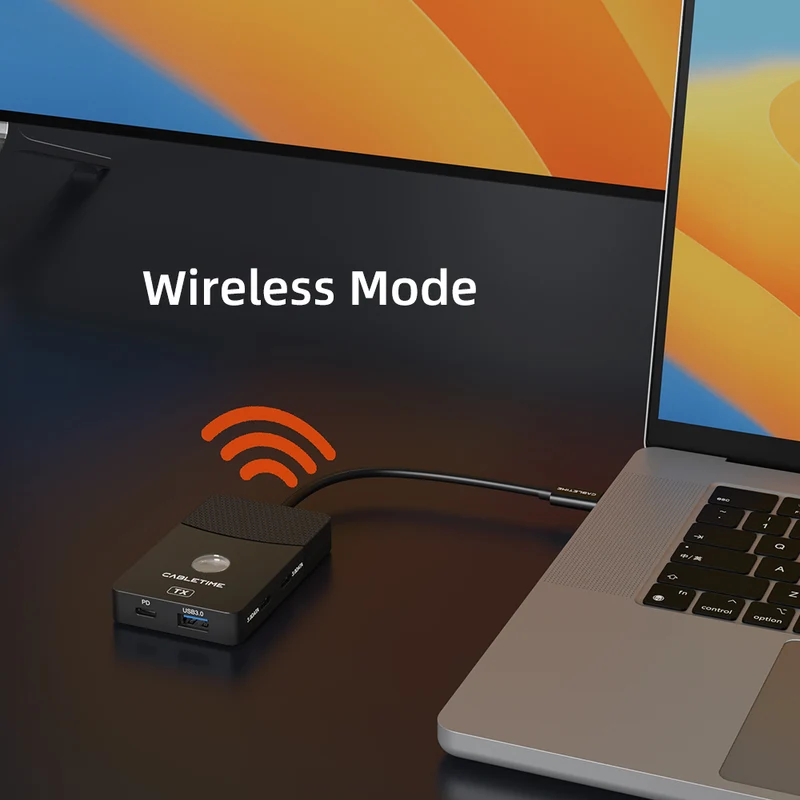 Wireless HDMI Transmitter Receiver & USB-C Hub with 4K60Hz HDMI Output and 100W PD Charging