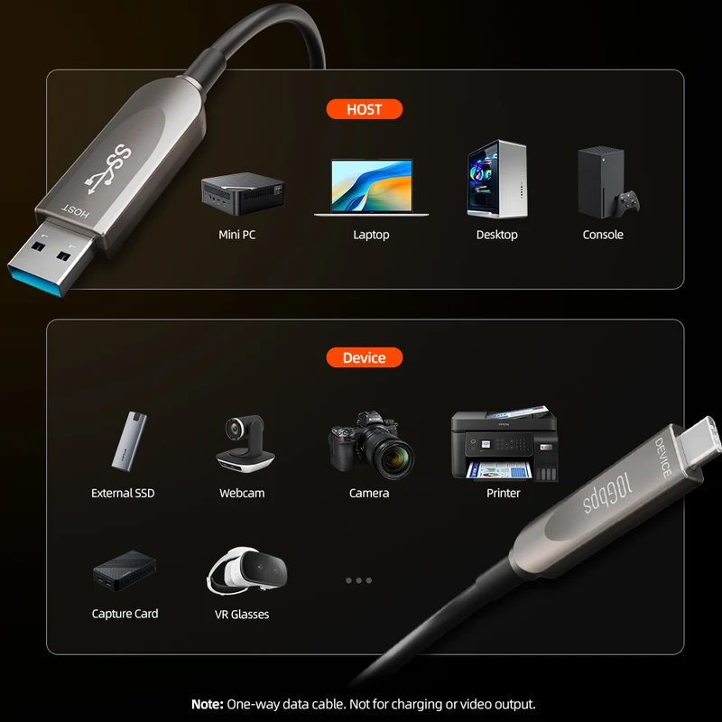 10Gbps USB-A to USB-C Active Optical Cable (AOC) 10–50m for Cameras & Industrial Use