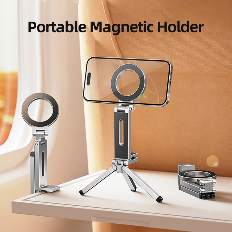 Portable Magnetic Phone Stand Tripod with Clip, Foldable MagSafe Phone Holder for iPhone & Smartphones