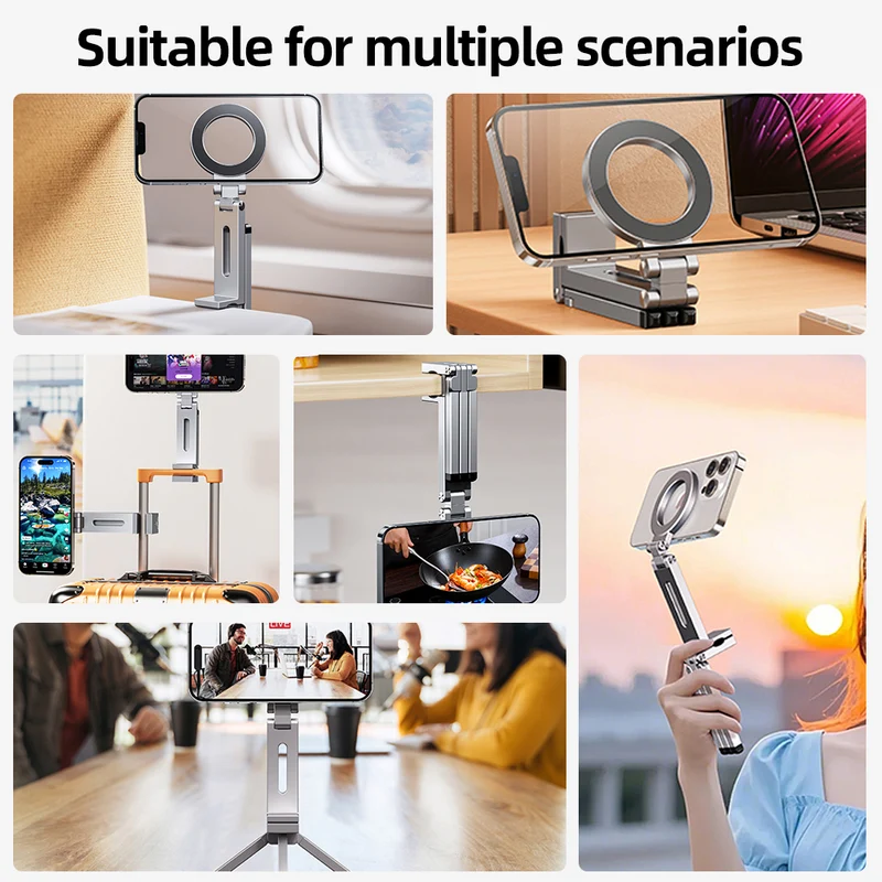 Portable Magnetic Phone Stand Tripod with Clip, Foldable MagSafe Phone Holder for iPhone & Smartphones