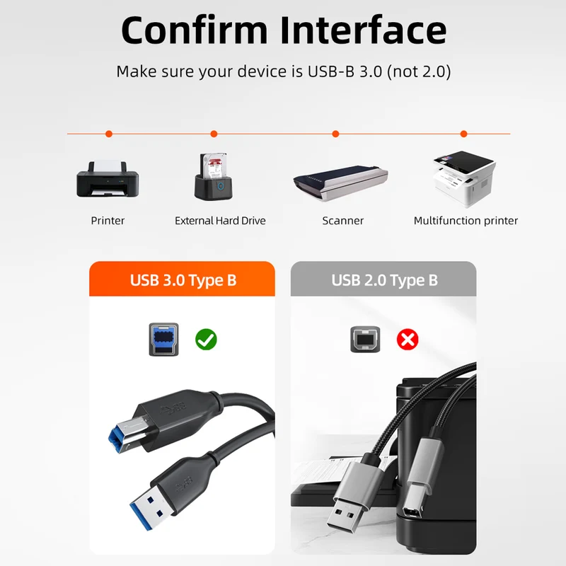 USB 3.0 A to B Data Cable 5Gbps for Printers,Scanners & External Drives