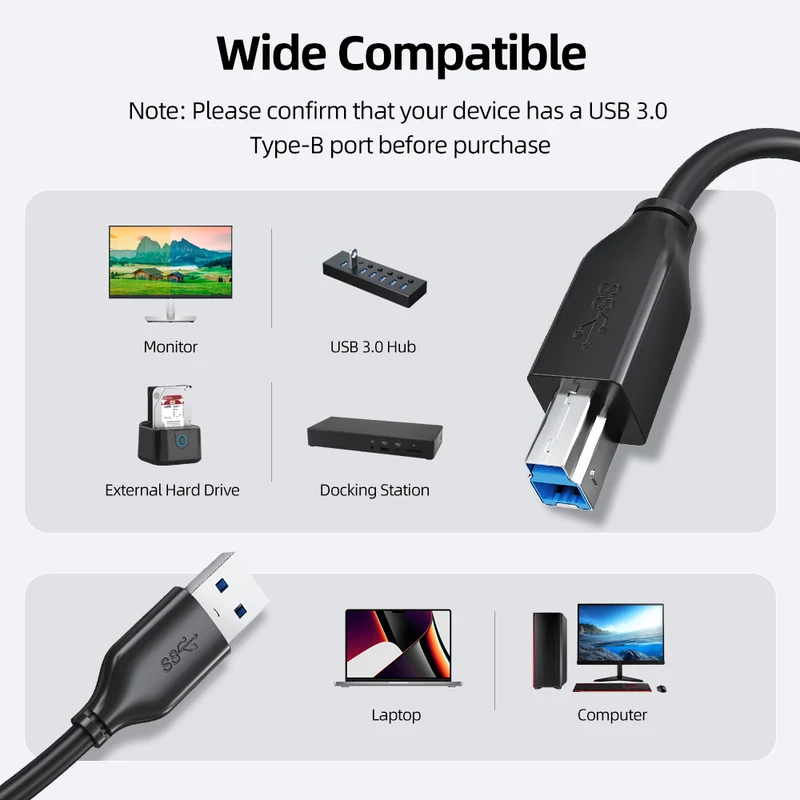 USB 3.0 A to B Data Cable 5Gbps for Printers,Scanners & External Drives