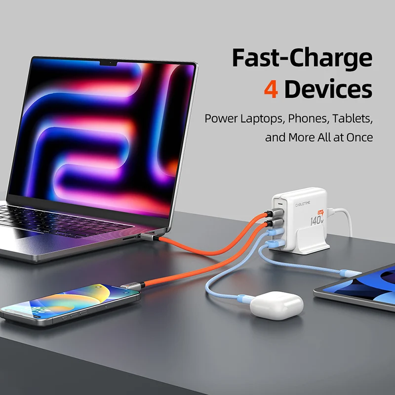 140W GaN USB C Charging Station 4 IN 1 Desk Charger Block for MacBook Air/Pro iPhone 17/16 Pro