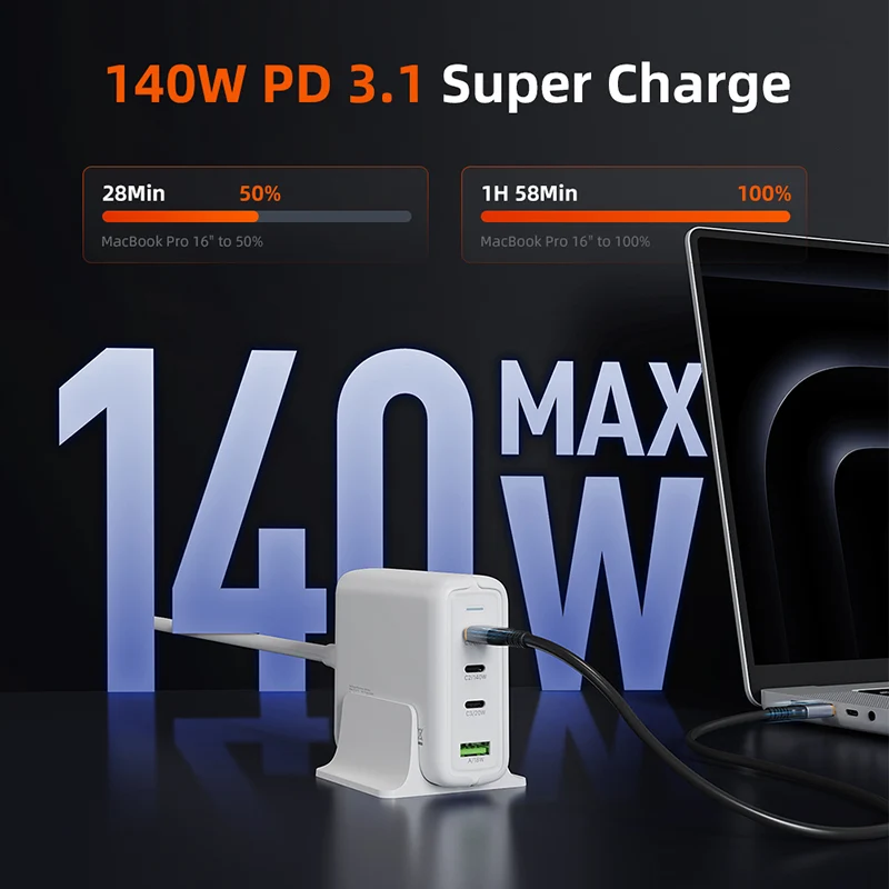 140W GaN USB C Charging Station 4 IN 1 Desk Charger Block for MacBook Air/Pro iPhone 17/16 Pro