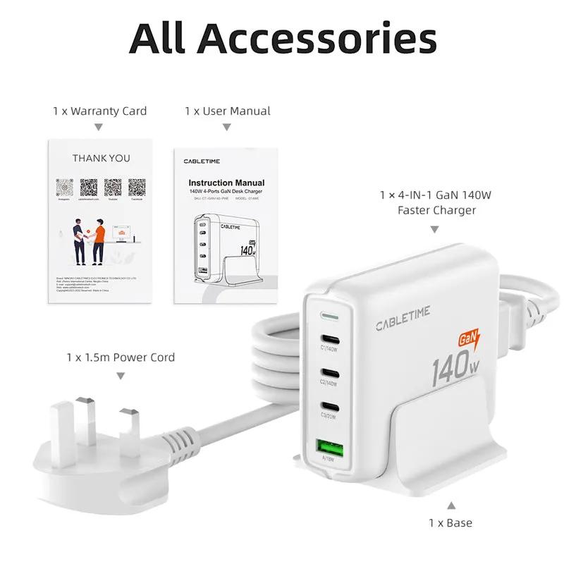 140W GaN USB C Charging Station 4 IN 1 Desk Charger Block for MacBook Air/Pro iPhone 17/16 Pro