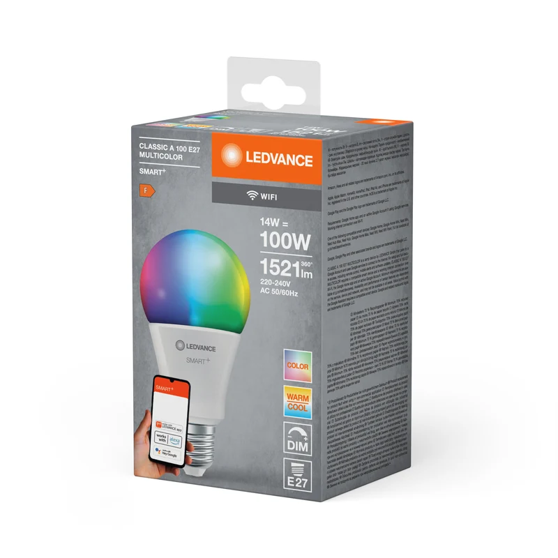 LEDVANCE SMART+ WiFi Classic Multicolour in A-Form, LED-Lampe, Matt, 14 W, (ex 100 W), 1521 lm, RGBW, von 2700 bis 6500 K, Wifi, Google Assistant, Amazon Alexa, Dimmbar