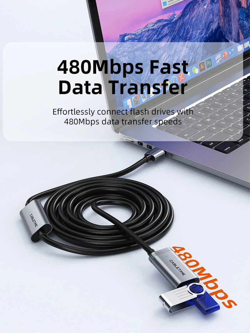 Active USB 2.0 Extension Cable Long Cable 480Mbps USB C External Power Supply for Computer VR