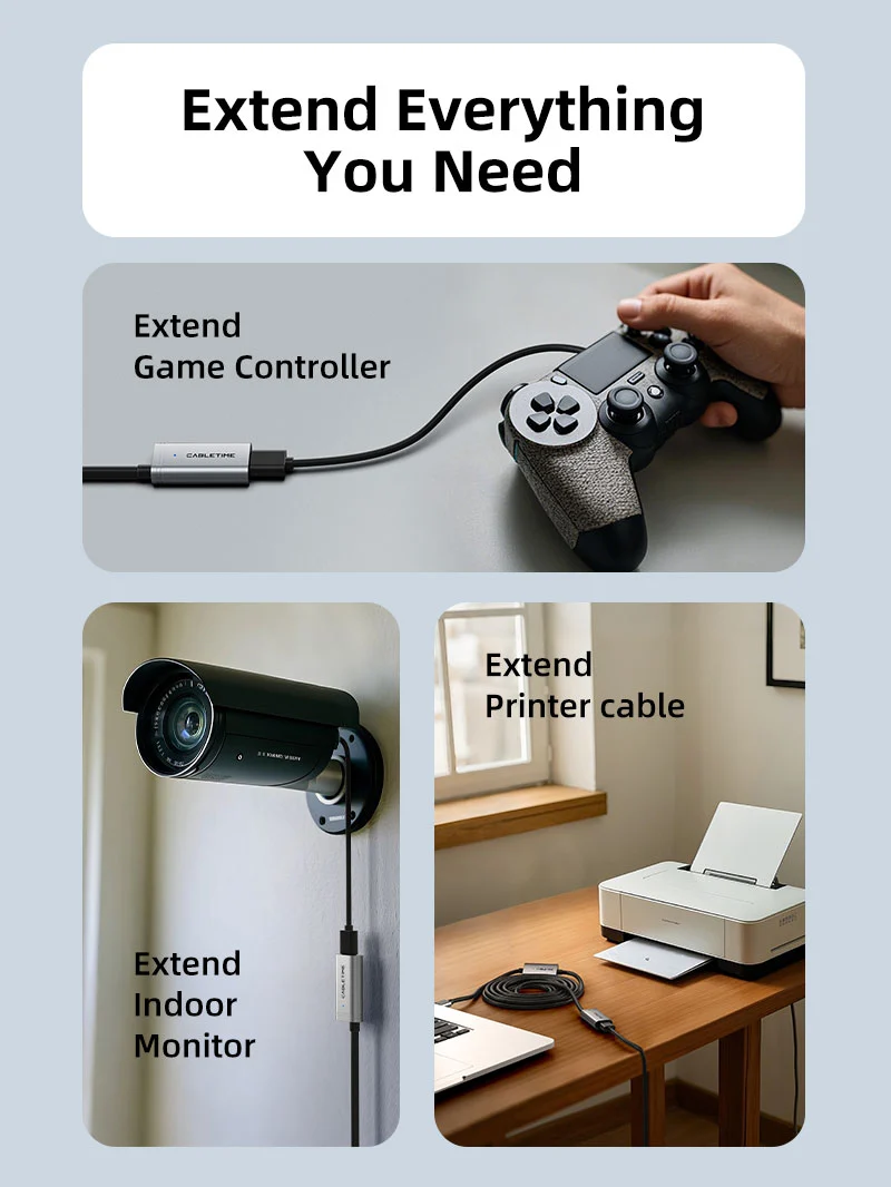 Active USB 2.0 Extension Cable Long Cable 480Mbps USB C External Power Supply for Computer VR