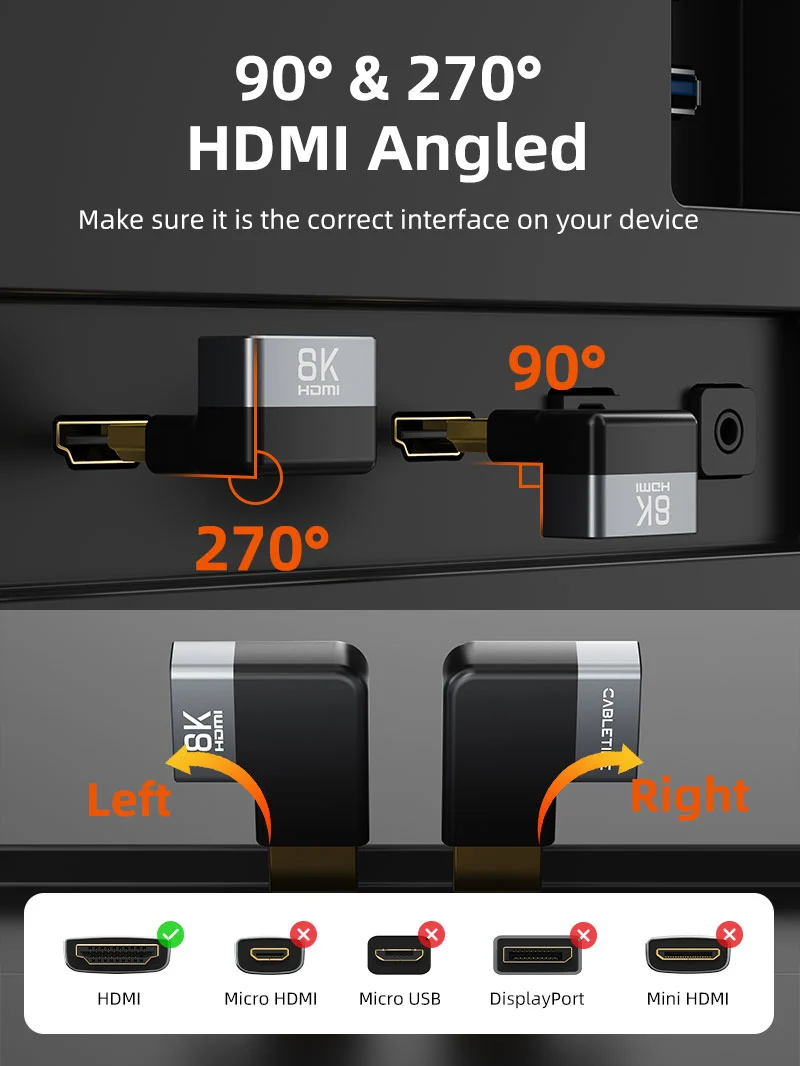 8K HDMI 2.1 Adapter Male to Female 90 Degree 270 Degree Left and Right Angle for TV