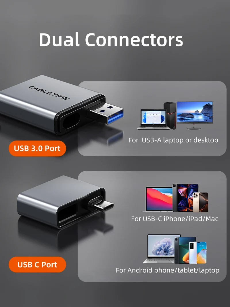 3 in 1 USB A 3.0 USB Type C SD Card Reader for iPhone and Android