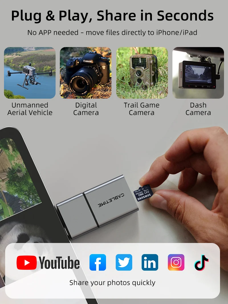 3 in 1 USB A 3.0 USB Type C SD Card Reader for iPhone and Android