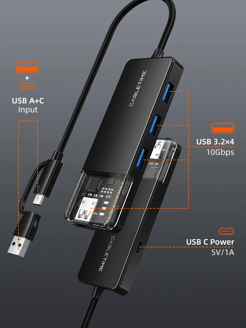 10Gbps USB A 3.2 Hub USB A/C to 4 Port USB-A Hub for Laptop
