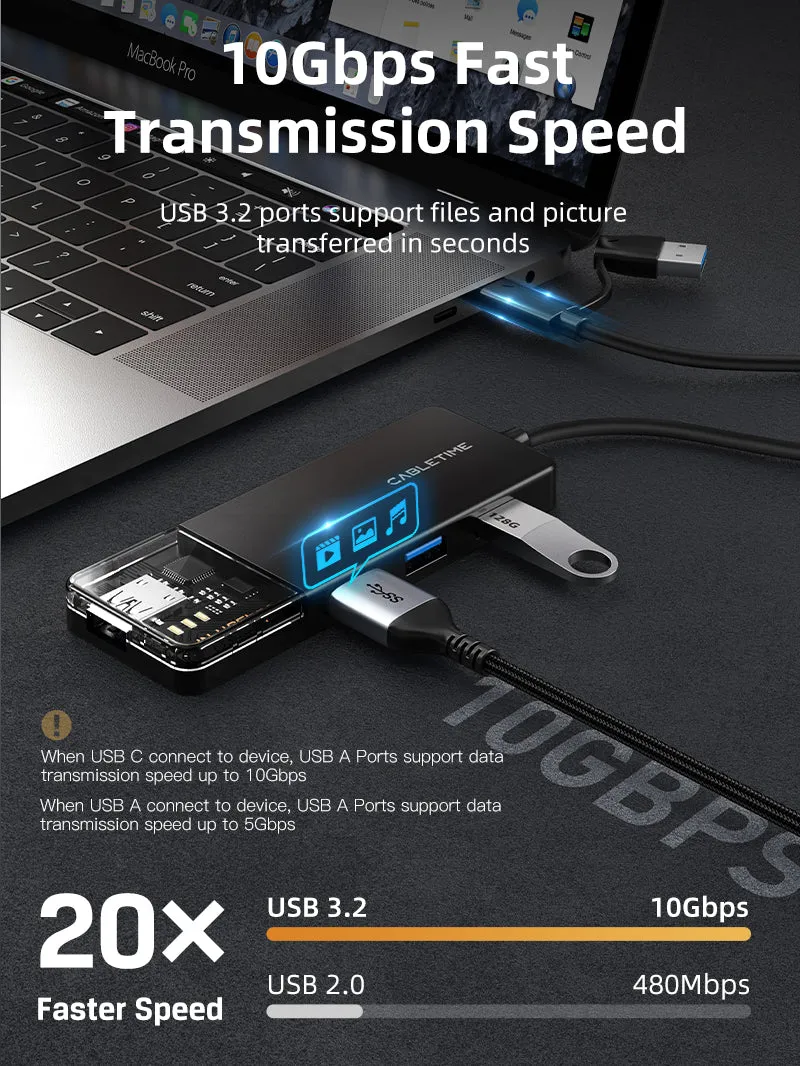 10Gbps USB A 3.2 Hub USB A/C to 4 Port USB-A Hub for Laptop