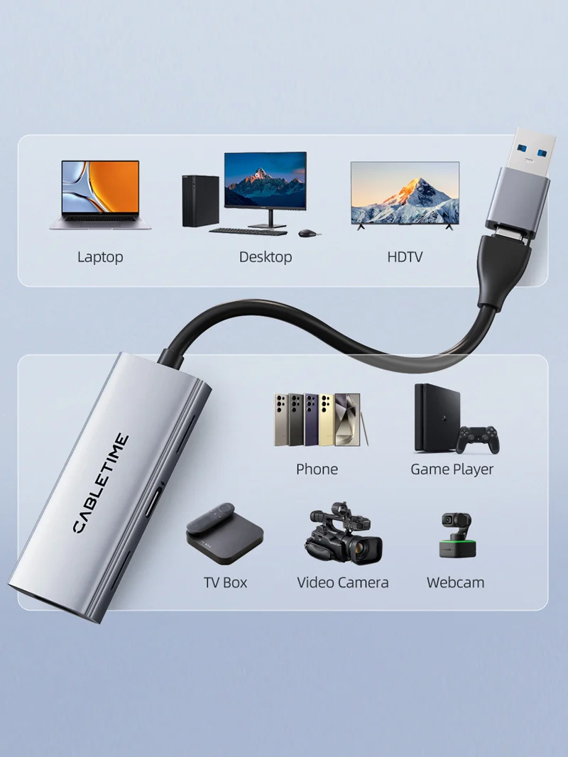 USB 3.0 Video Capture Card with 100W PD HDMI to USB/USB C for PS4 live streaming