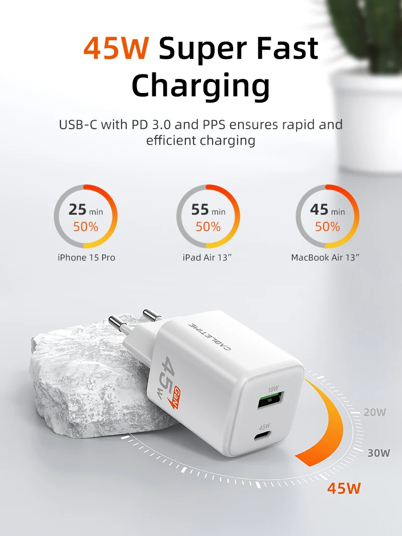 45W USB C Charger Dual GaN USB C and USB A Wall Charger