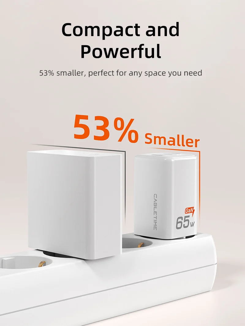 Portable 65w GaN USB-C Charger -3 Ports Wall Charger for Laptop Phone