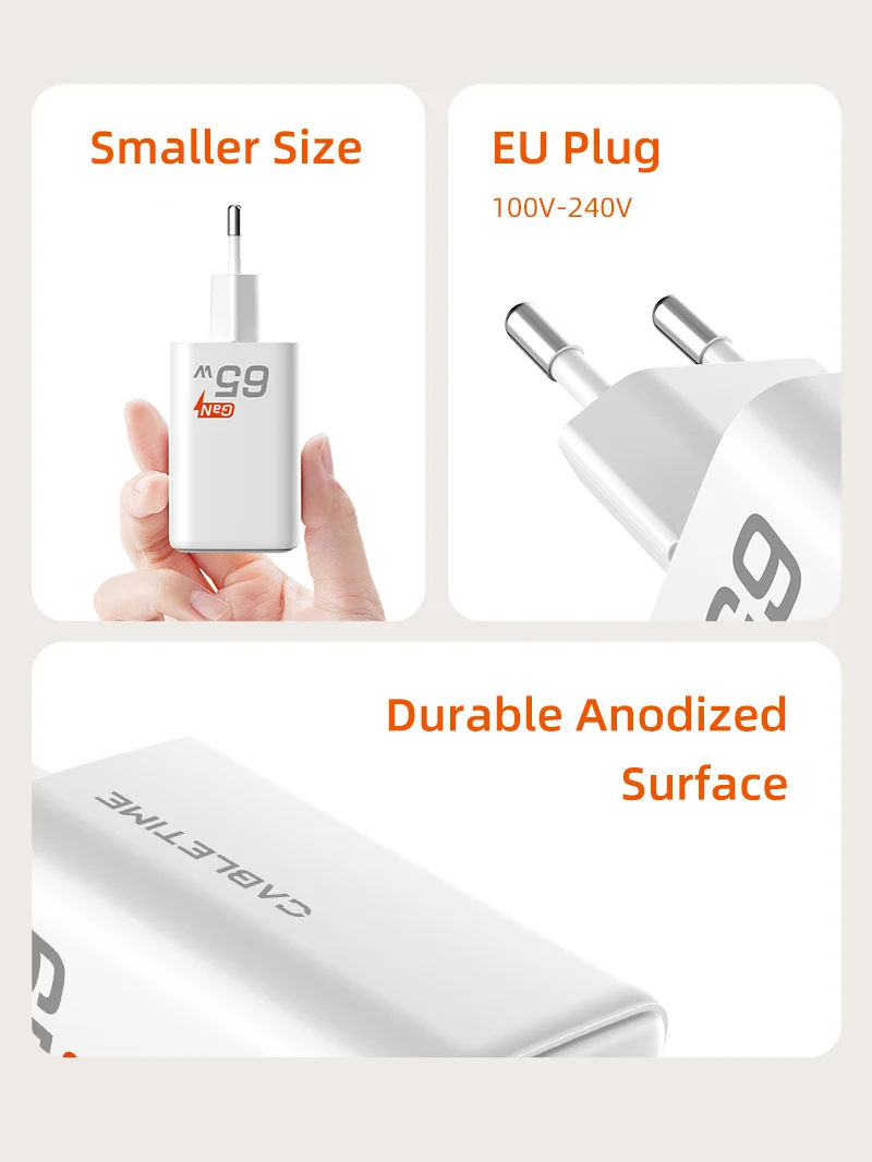 Portable 65w GaN USB-C Charger -3 Ports Wall Charger for Laptop Phone