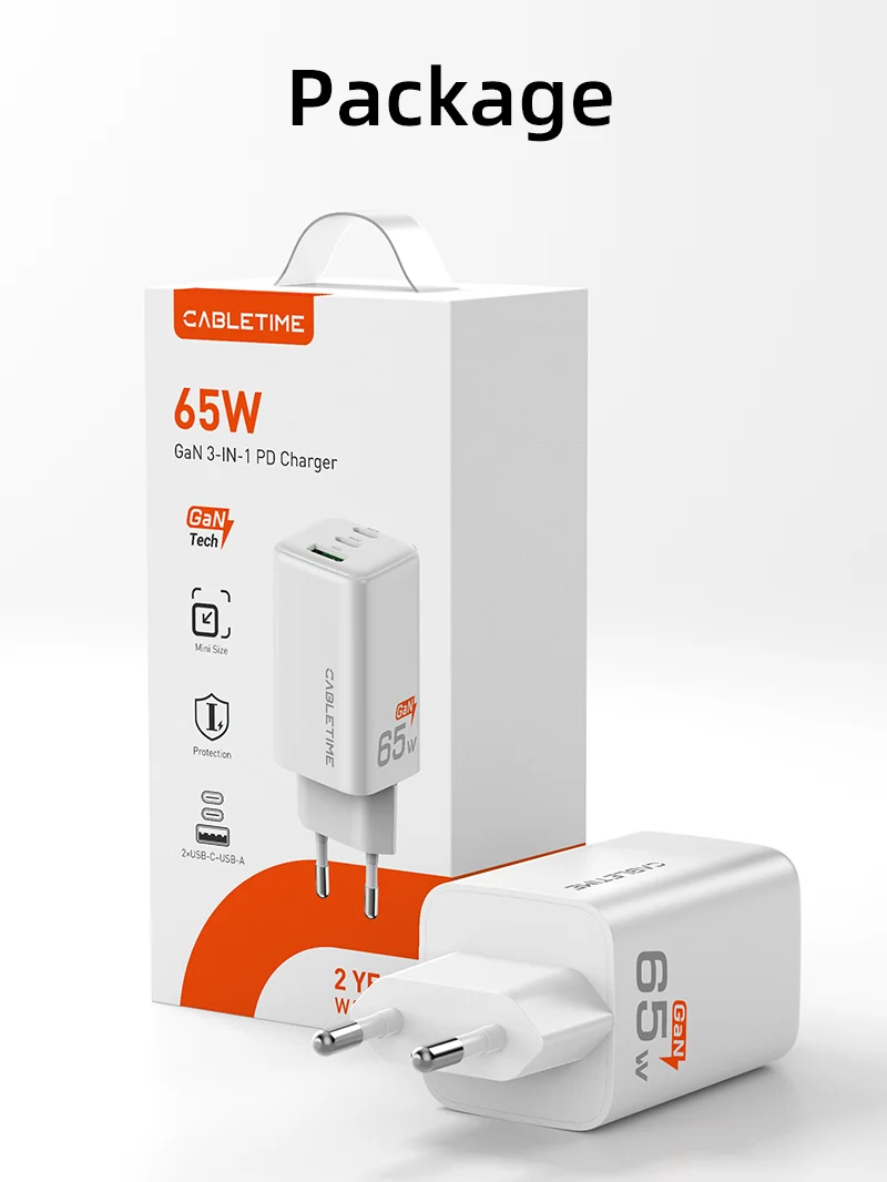 Portable 65w GaN USB-C Charger -3 Ports Wall Charger for Laptop Phone