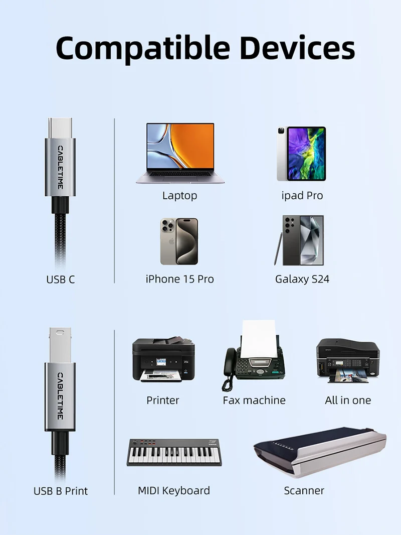 USB C to USB B 2.0 Printer Cable MIDI Cable for Yamaha Piano