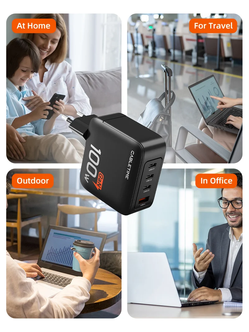 100W 4 Port USB GaN Wall Charger European for Laptop Apple MacBook Dell