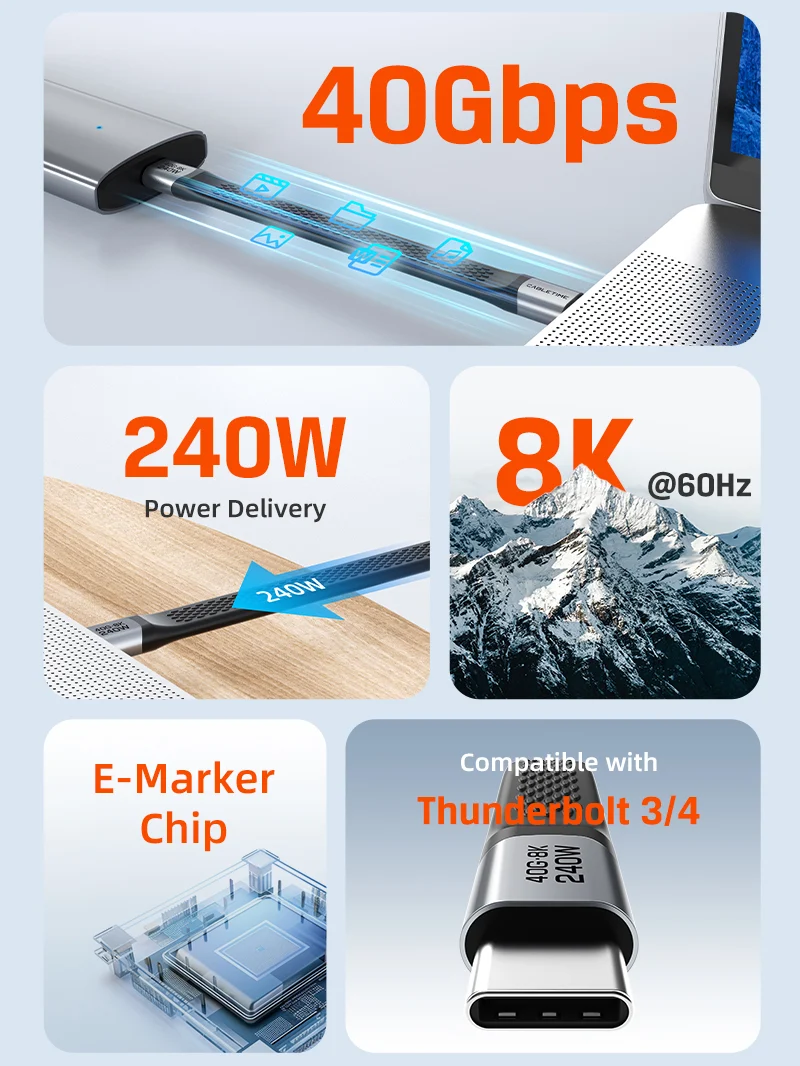 Short Flat USB 4 Type C Cable 40Gbps 240W Fast Charging 8K@60Hz for iPhone Android