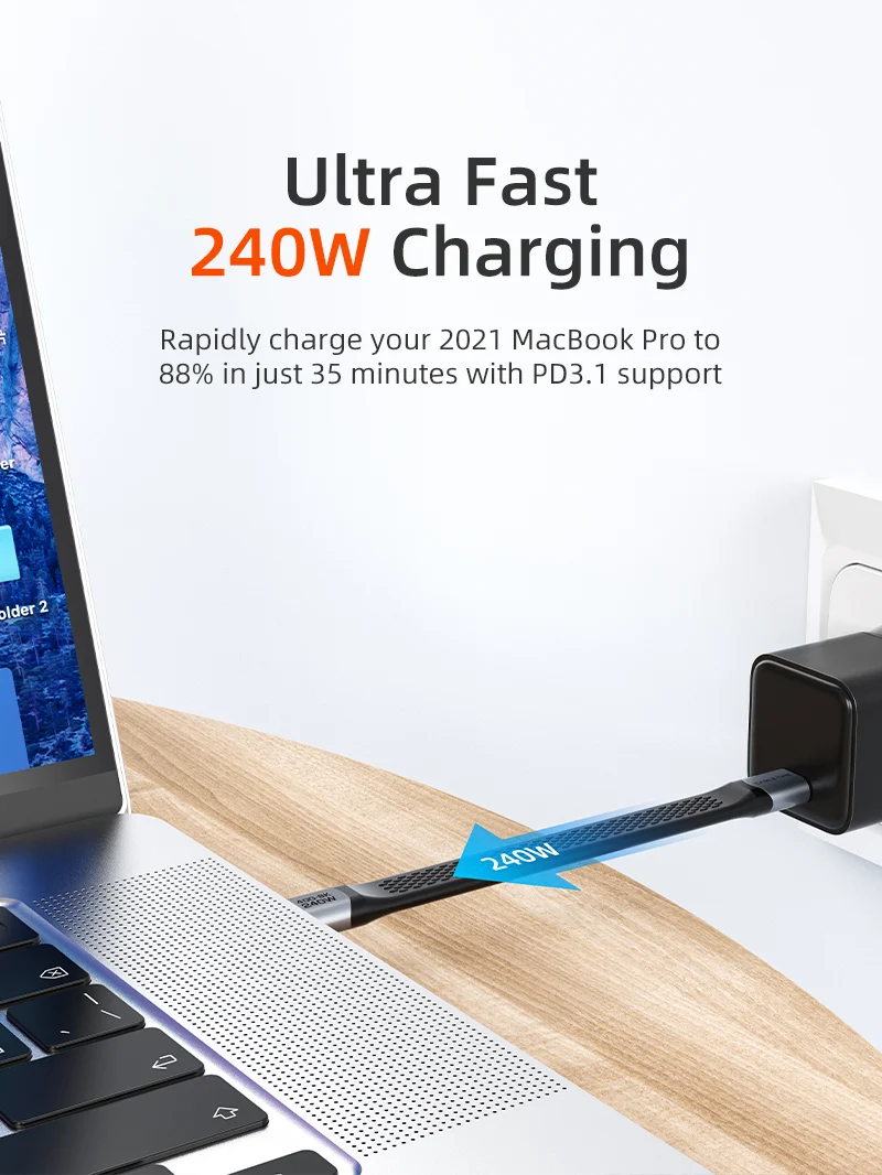 Short Flat USB 4 Type C Cable 40Gbps 240W Fast Charging 8K@60Hz for iPhone Android