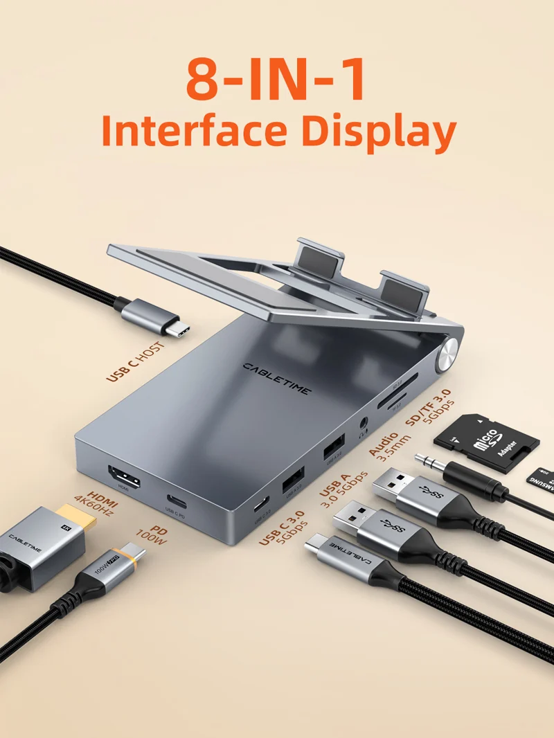 8 IN 1 USB C Hub with Foldable Stand for iPad Pro Android Tablet
