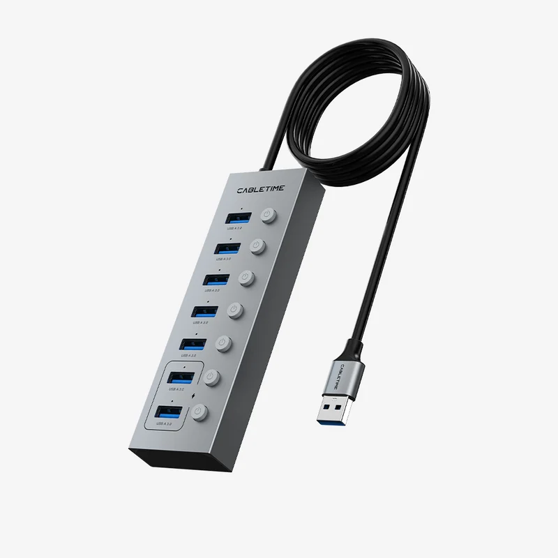 7 Port Powered USB 3.0 Hub Splitter With Long Cable for Laptop PC