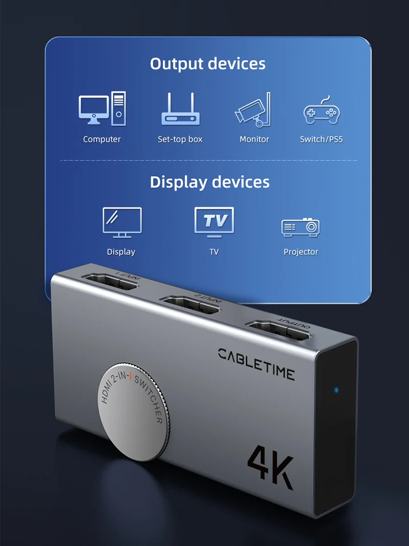 4K 60Hz HDMI 2.0 Switch 2 In 1 Out Bi-direction