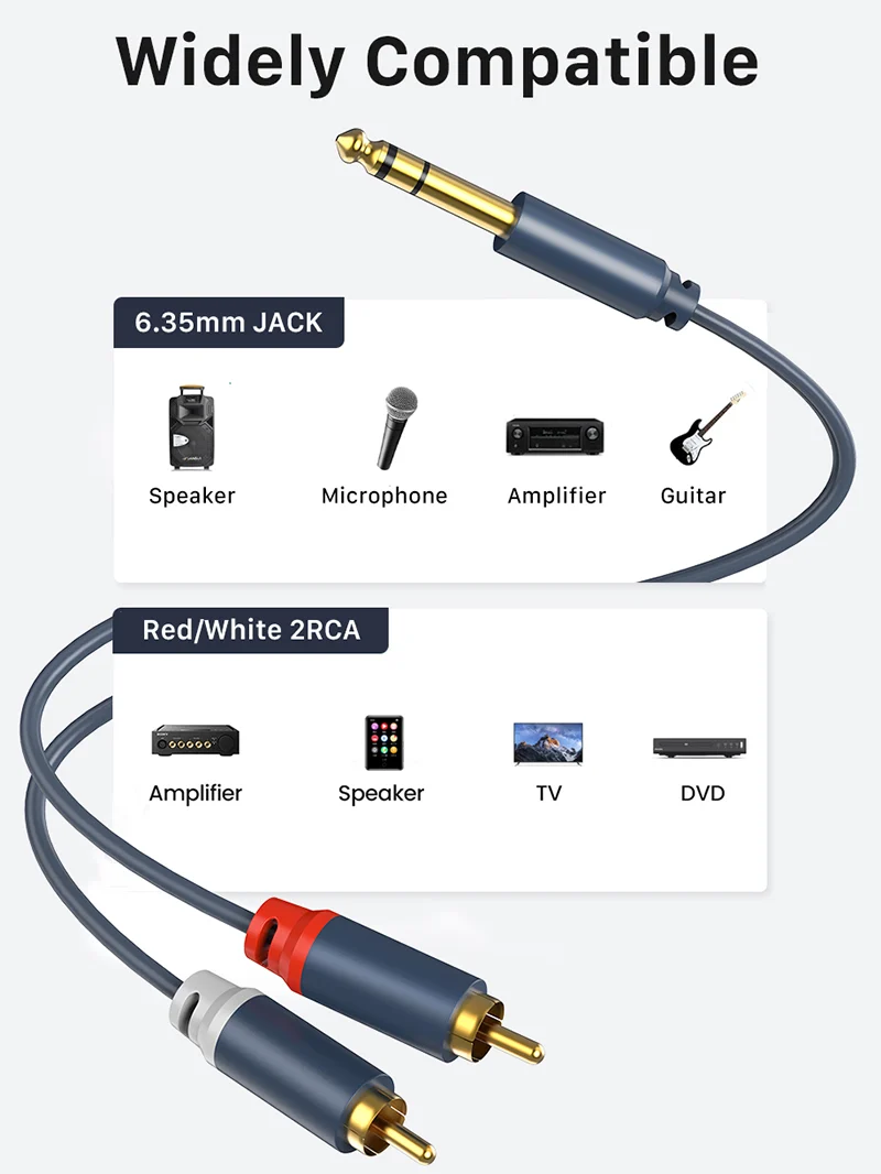 Bulk 1/4 inch (6.35mm) Stereo Jacket to Dual RCA Audio Y Cable