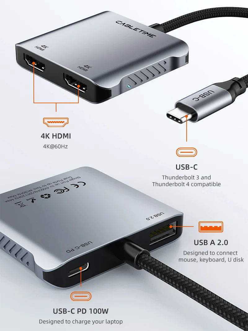 4K 60Hz MST USB C to Dual HDMI Hub