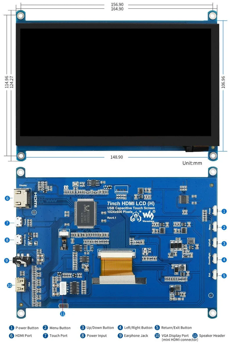 Waveshare 7" IPS HDMI USB Touchdisplay mit Audio kompatibel mit Raspberry Pi