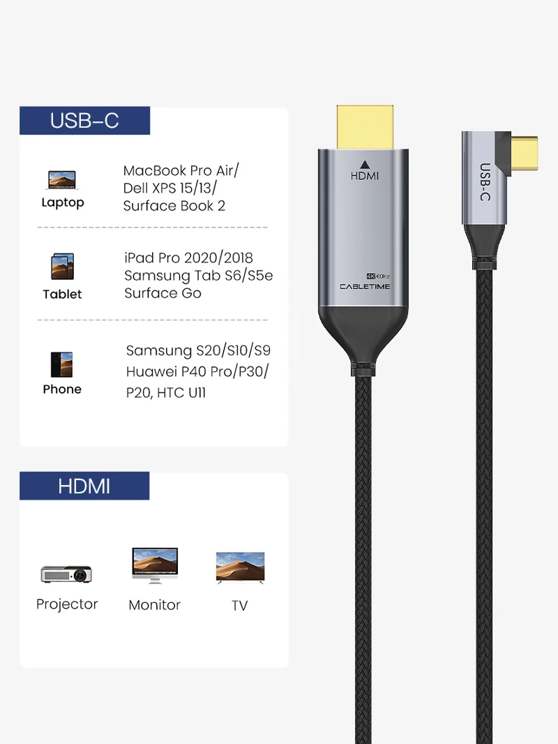 USB-C to HDMI Cable 4K 60hz Right Angle for MacBook Pro