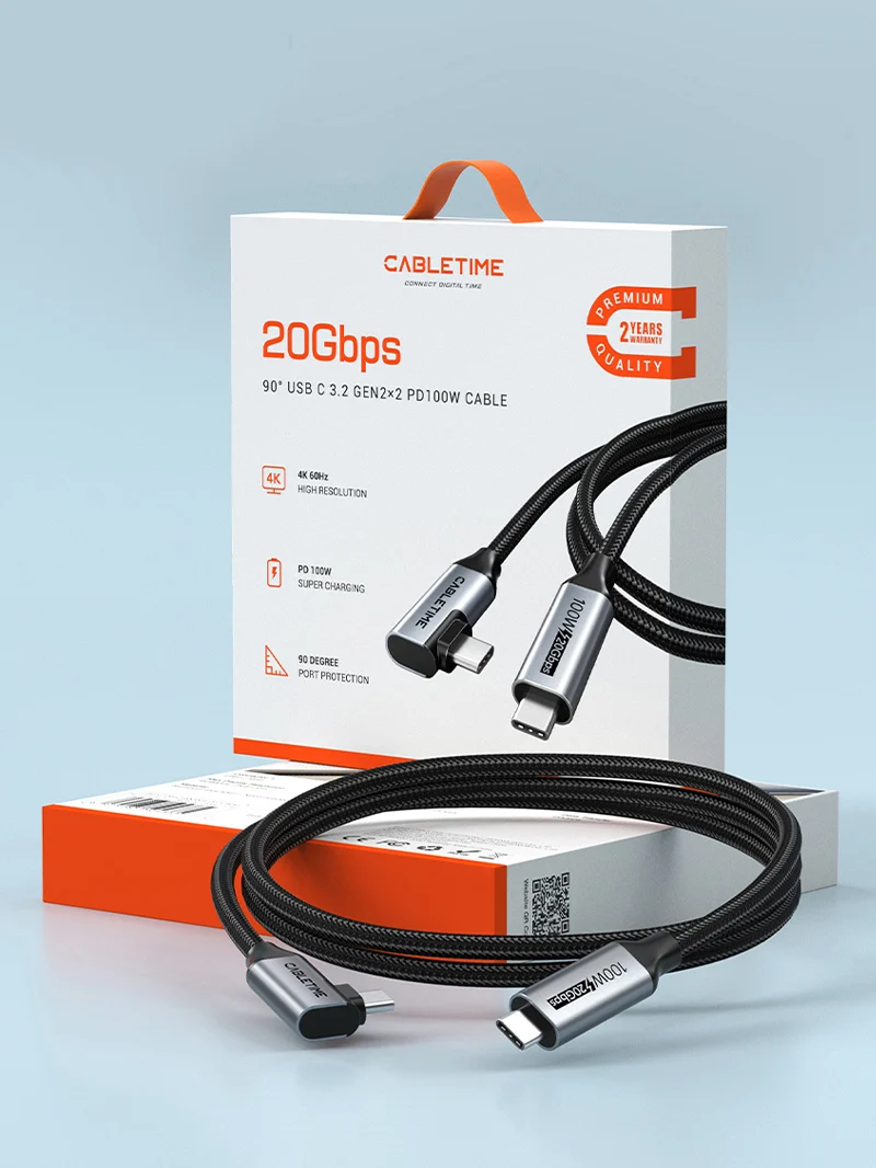 90 Degree Right Angle USB C to USB C Cable 20Gbps 100W 4K