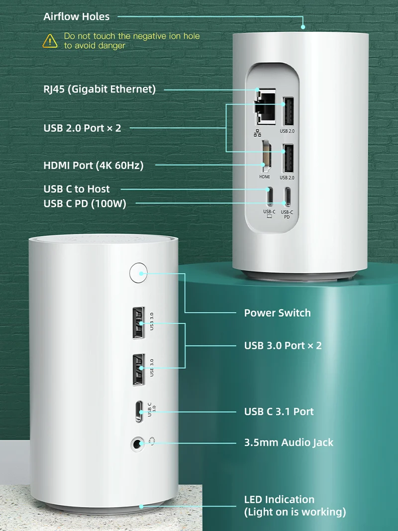 10 IN 1 USBC Docking Station with Negative Ion Air Purifier