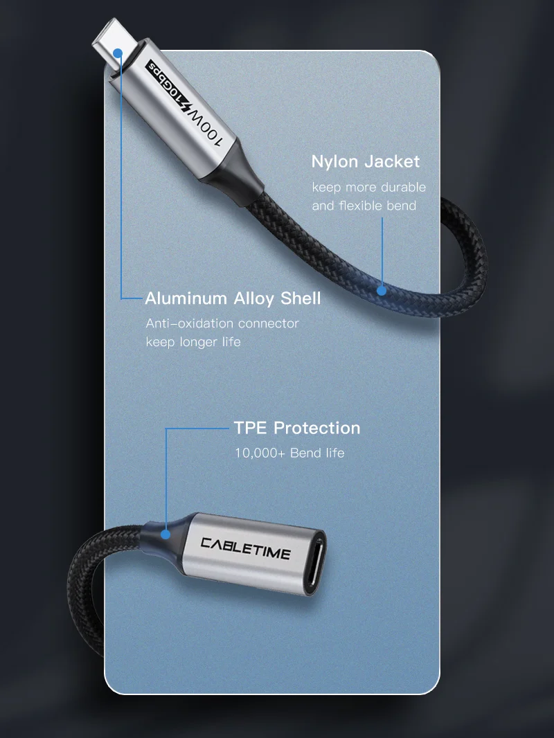 100w 3.1 Gen 2 USB-C Male to USB-C Female Extension Cable for Docking Station