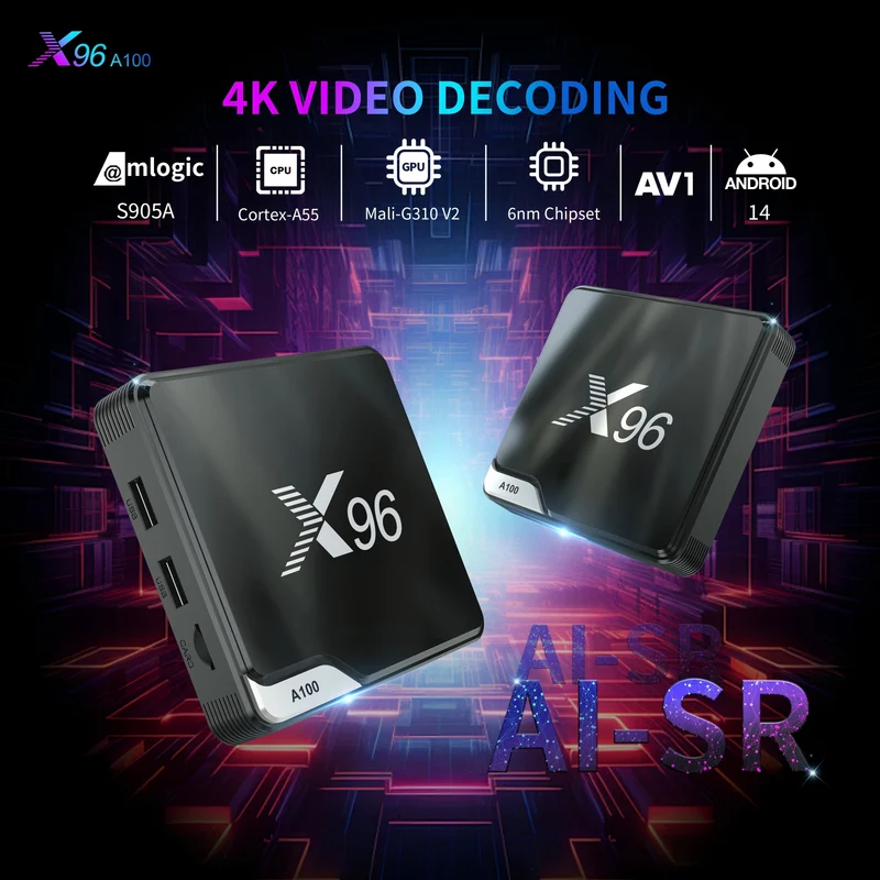 X96 A100 SET BOX Werksseitig Amlogic S905A Android 14 2T2R WIFI 6 4K Android TV Box Große BT RCU mit Lernfunktion