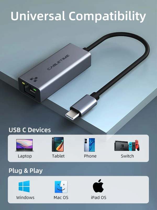 USB C to Rj45 Ethernet Adapter 1Gbps Thunderbolt 4/3 Compatible to RJ45 Network for MacBook Pro/Air, iPhone 16 Pro/Max, iPad, XPS