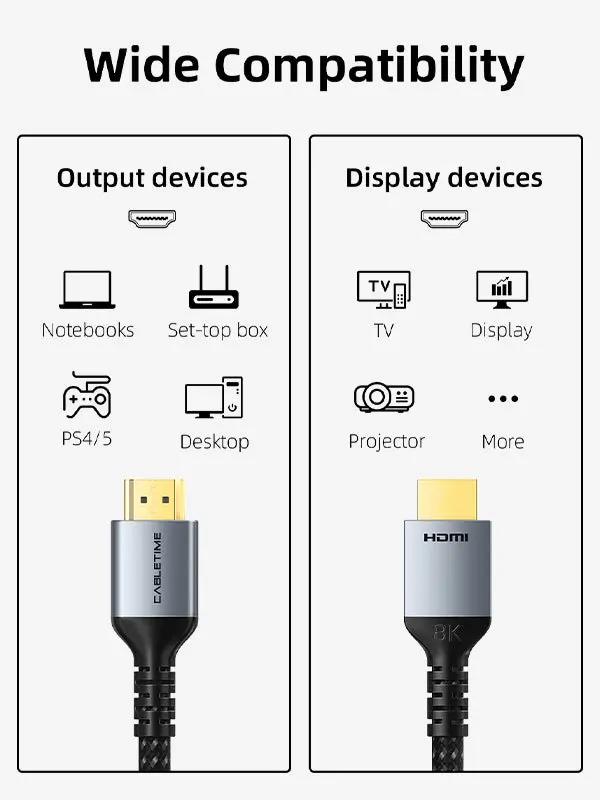 8K HDMI 2.1 cable 48Gbps Braided 10ft 25ft 50ft