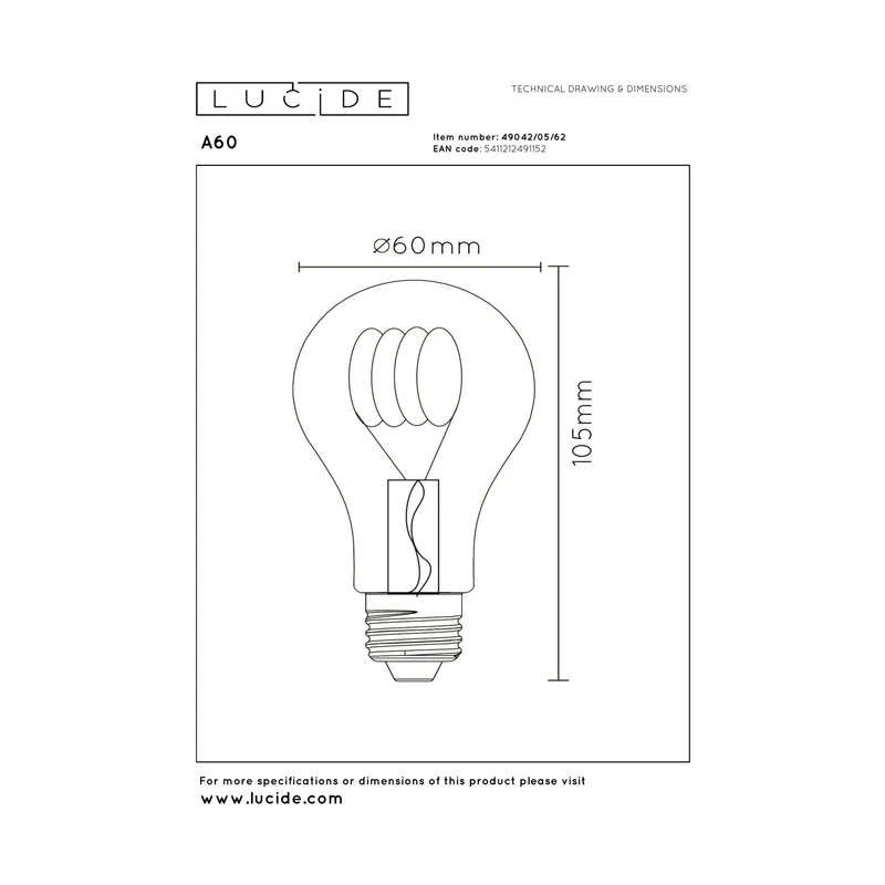 Lucide LED Filament Bulb E27 A60 Amber - 380lm 2200K - Dimmable