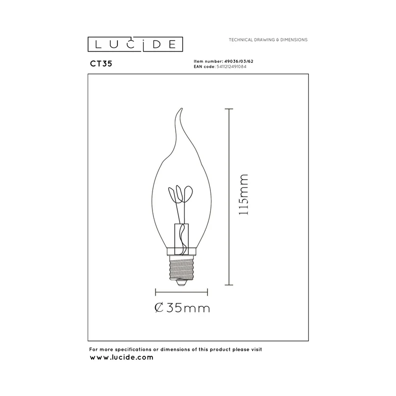 Lucide LED Filament Bulb E14 CT35 Amber - 190lm 2200K - 3-Step Dim