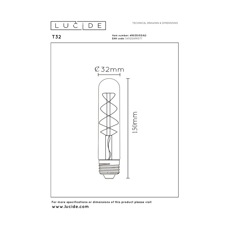 Lucide LED Filament Bulb E27 T32 Amber 20 cm - 440lm 2200K - 3-Step Dim
