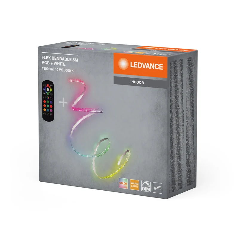 LEDVANCE Flex Bendable RGBW LED Streifen 5M, inkl. Fernbedienung, selbstklebend, dimmbar, mit Batterie und Montagezubehör