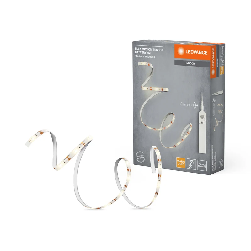 LEDVANCE FLEX MOTION SENSOR batteriebetriebener LED-Streifen mit warmweißem Licht und Bewegungssensor, 1m, 2W, 100lm, 3000K, 830 warmweiß, nicht dimmbar, IP20, Leuchtmittel nicht austauschbar