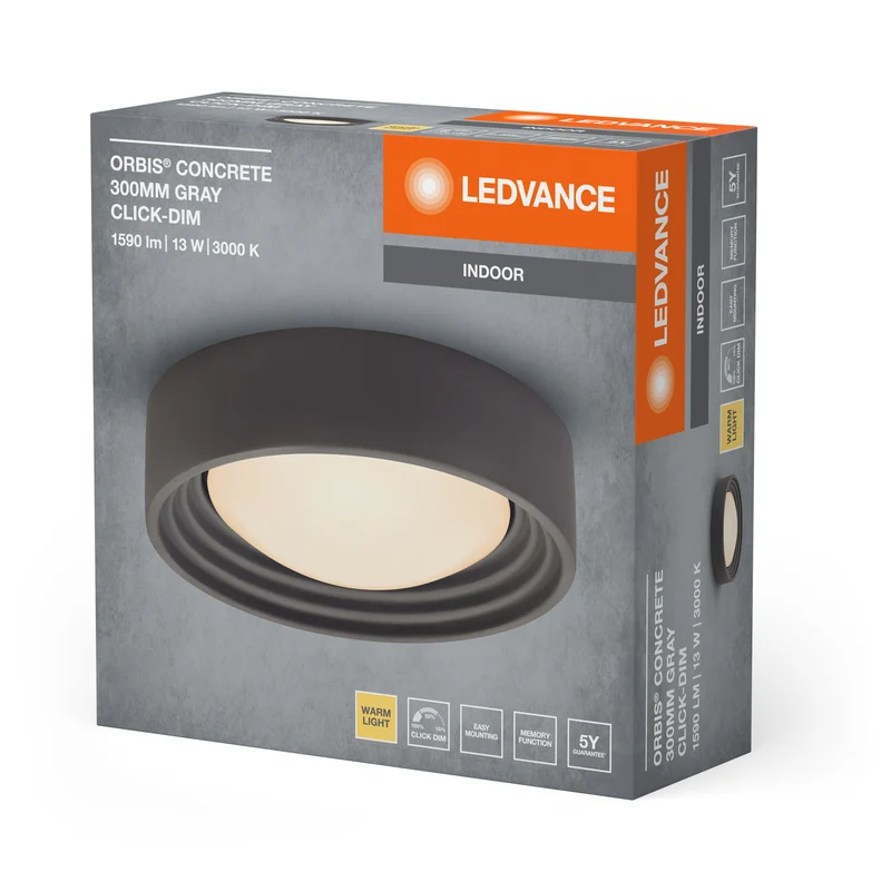 LEDVANCE ORBIS Concrete, graue Beton-Deckenleuchte mit LED, 13W, 800lm, 3000K freundliches Warmweiß, durch Klicken in 3-Stufen dimmbar, 300mm Durchmesser, IP20 Schutz, für Badezimmer geeignet